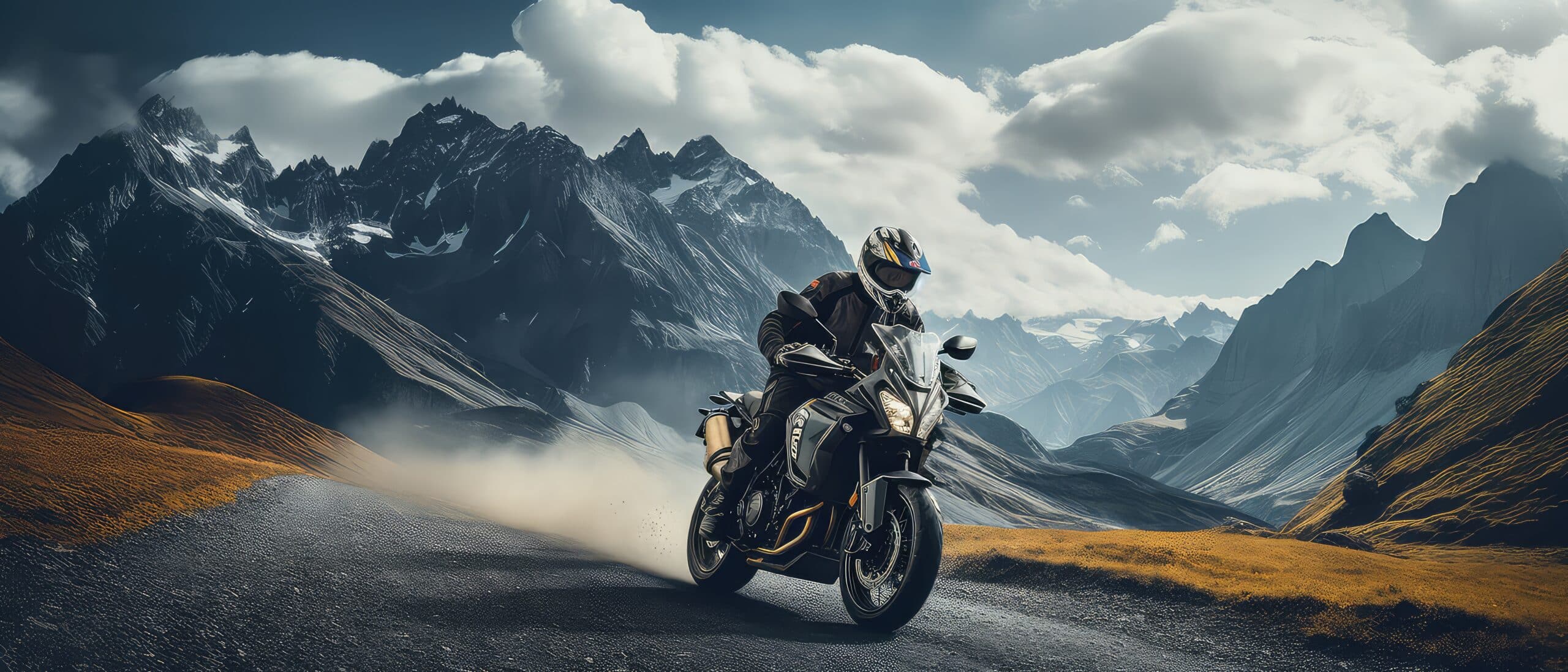 Motorcycle. Professional motorbike rider, riding with high speed in the mountains. Way. Concept of motosport, speed, hobby, journey, activity. Professional motorcyclist riding crops enduro bike on mountain road at sunset. Sport